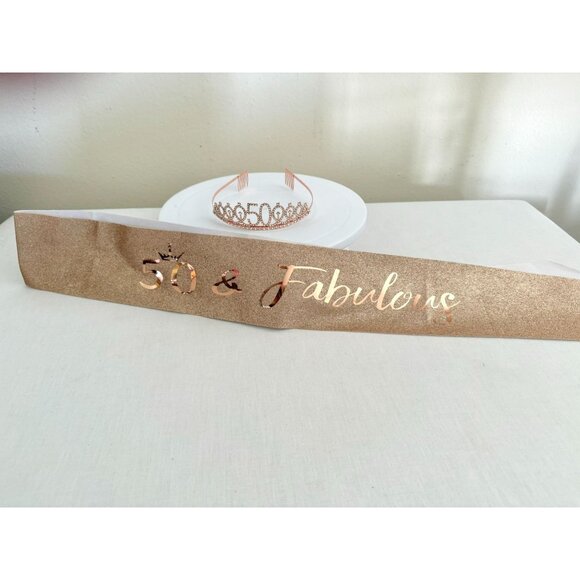 50th Birthday Tiara and Sash Set Rose Gold 50 and Fabulous Glitter Party Accesso - Picture 1 of 8